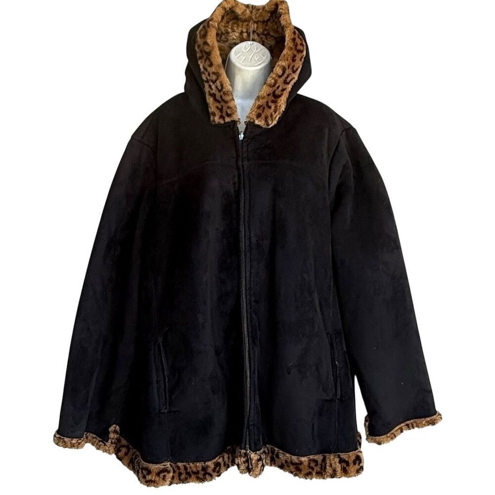 Woman Within Faux Suede Leopard Hooded Jacket Plus Size 4X Cozy Gothic Witchy
